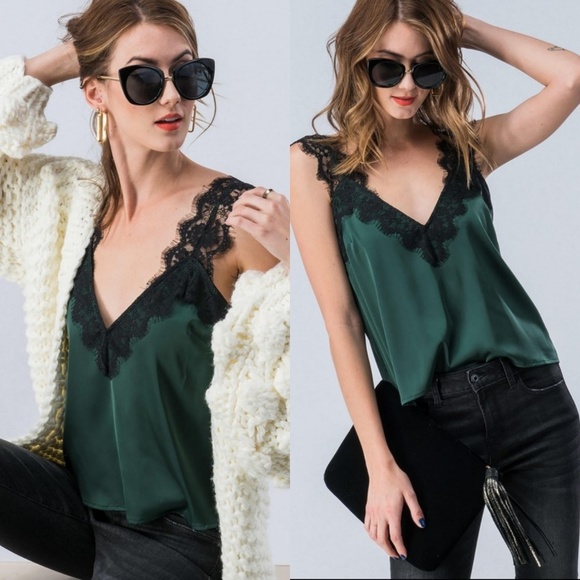 LAST 1! Hunter green eyelash satin cami - Picture 5 of 8